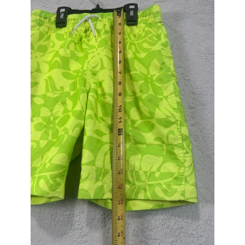 Lands' End Swim Trunks Boys L 10-12 Neon Green Tropical Floral Mesh Lined UPF 50